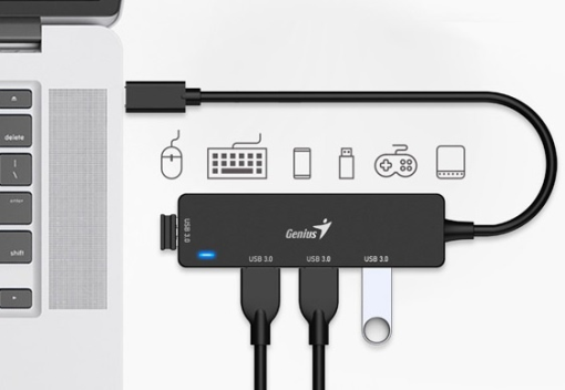 Hub Genius USB-C a 4 USB-A 3.0 Velocidad datos 625 MB/s.