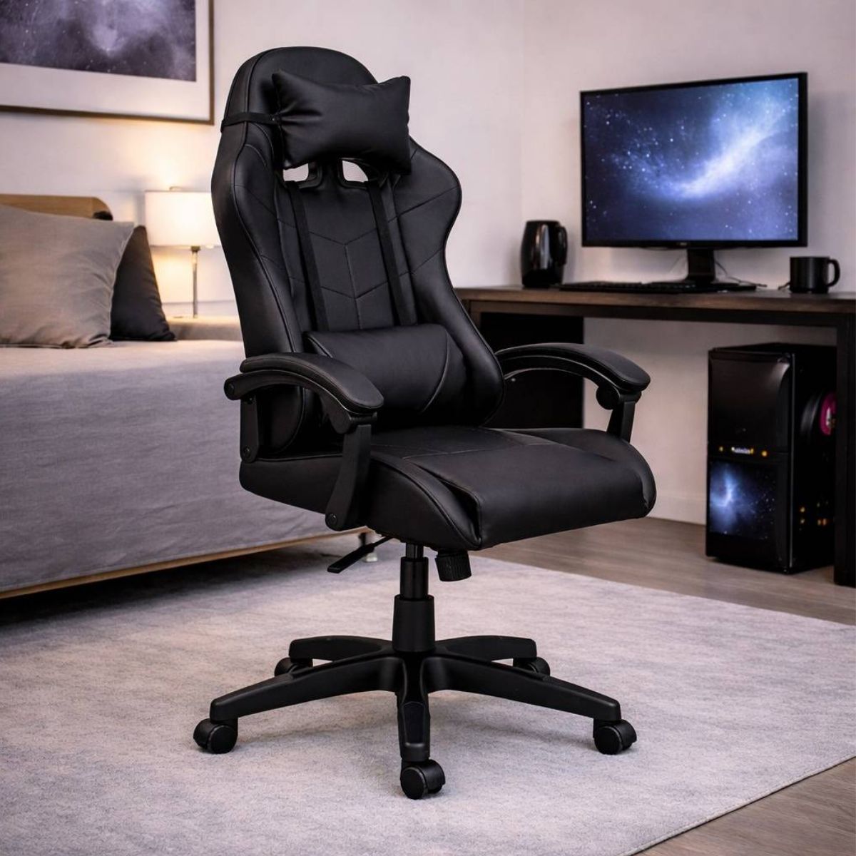 Silla Gamer Ergonómica Cuero Sintético Masaje Lumbar Negra
