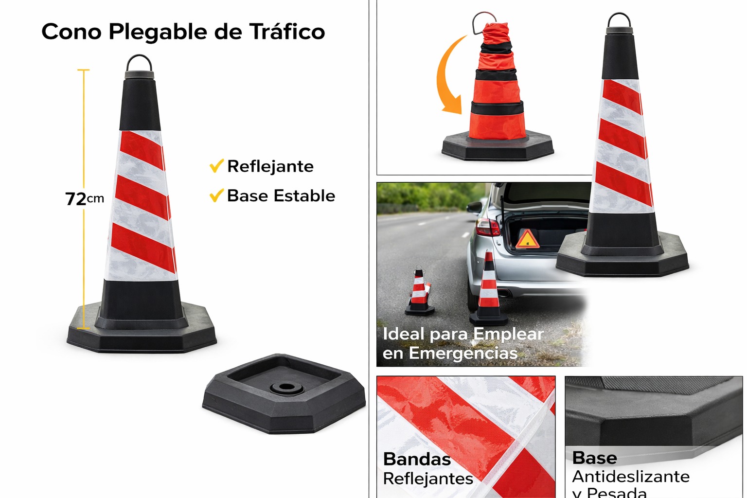 Cono De Carretera Rigido Base Negra Reflectivo 70cm Negro Cono De Carretera Rigido Base Negra Reflectivo 70cm Negro