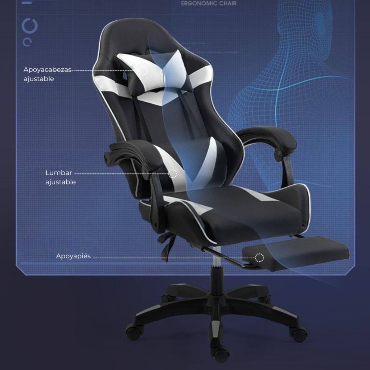 Copia - Silla Gamer SHOT-2025 Ergonómica Reclinable Con Apoyapiés Y Masajeador Negra/Roja