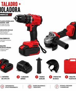 Kit Profesional de Taladro 13mm + Amoladora con 2 Baterias