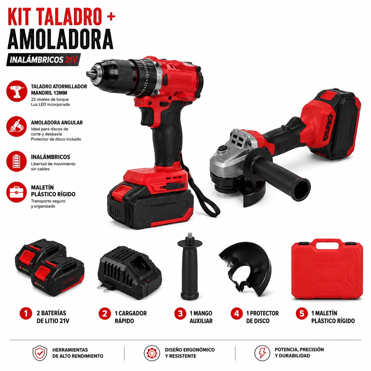 Kit Profesional de Taladro 13mm + Amoladora con 2 Baterias Kit Profesional de Taladro 13mm + Amoladora con 2 Baterias