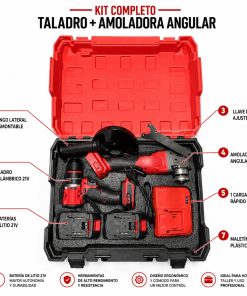 Kit Profesional de Taladro 13mm + Amoladora con 2 Baterias