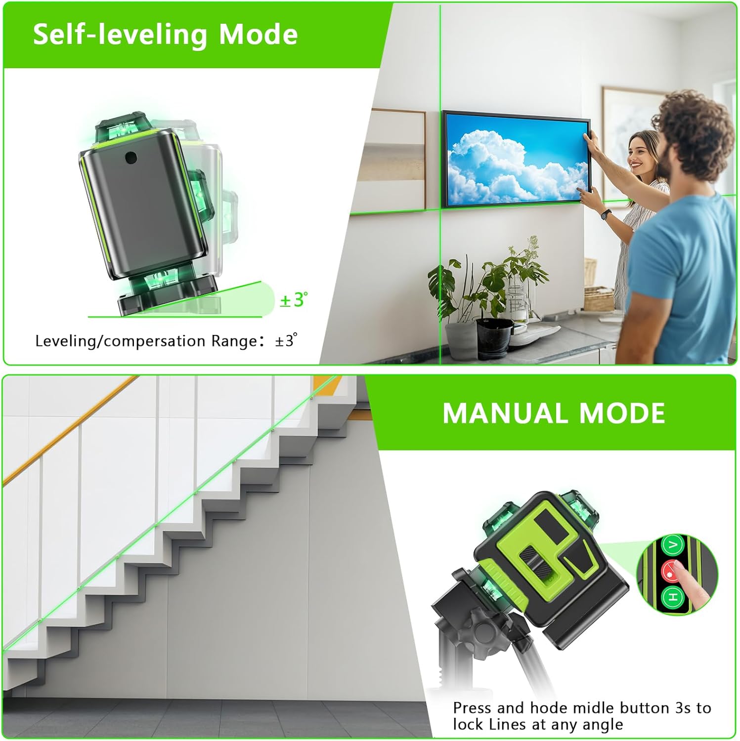 Nivel láser Profesional de 16 líneas 360 autonivelante, 4 x 360° 4D con 2 baterías y control remoto, para construcción de suelos de baldosas y colgar cuadros
