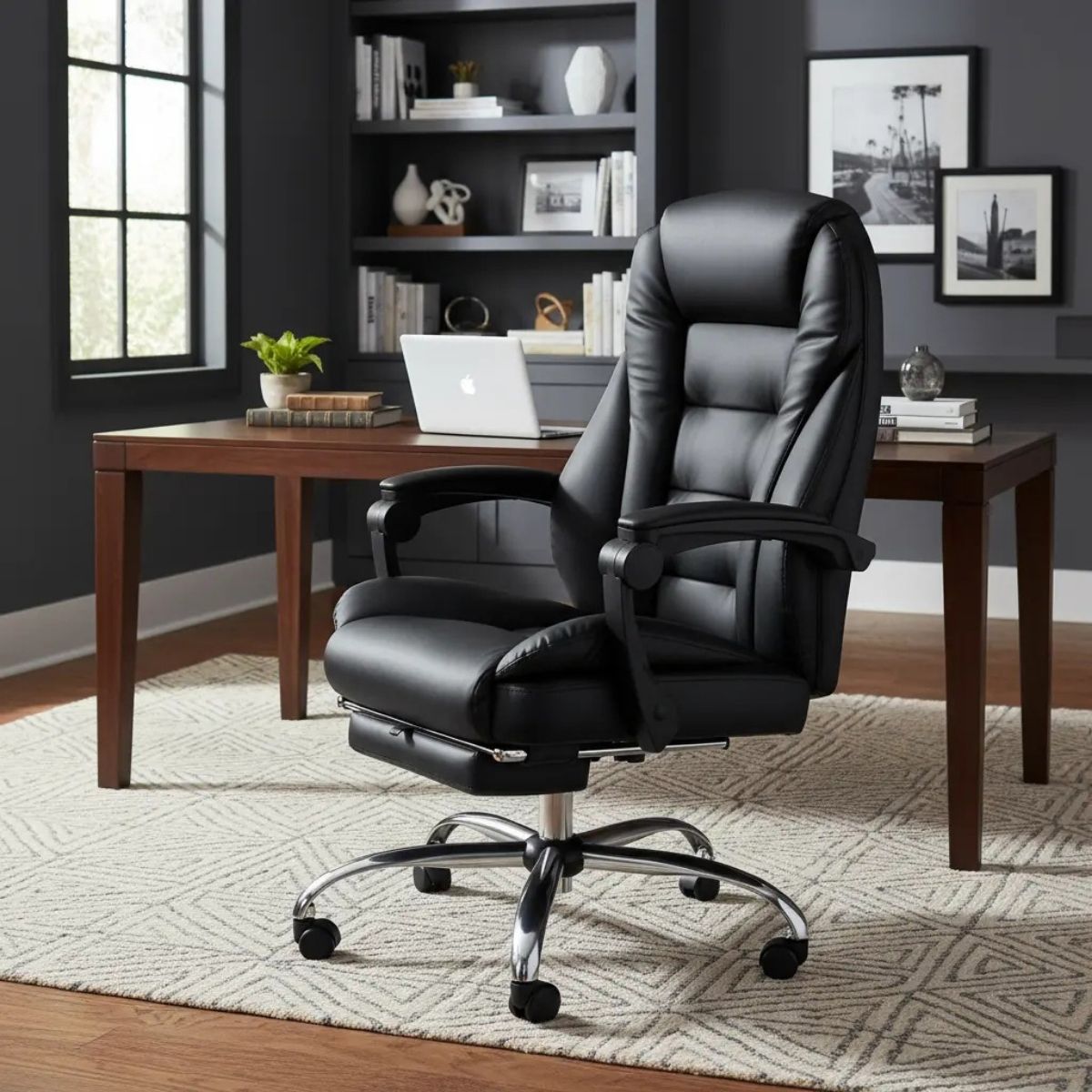 Silla ejecutiva cuero con apoya pies 2 puntos masajes NEGRA Silla ejecutiva cuero con apoya pies 2 puntos masajes NEGRA