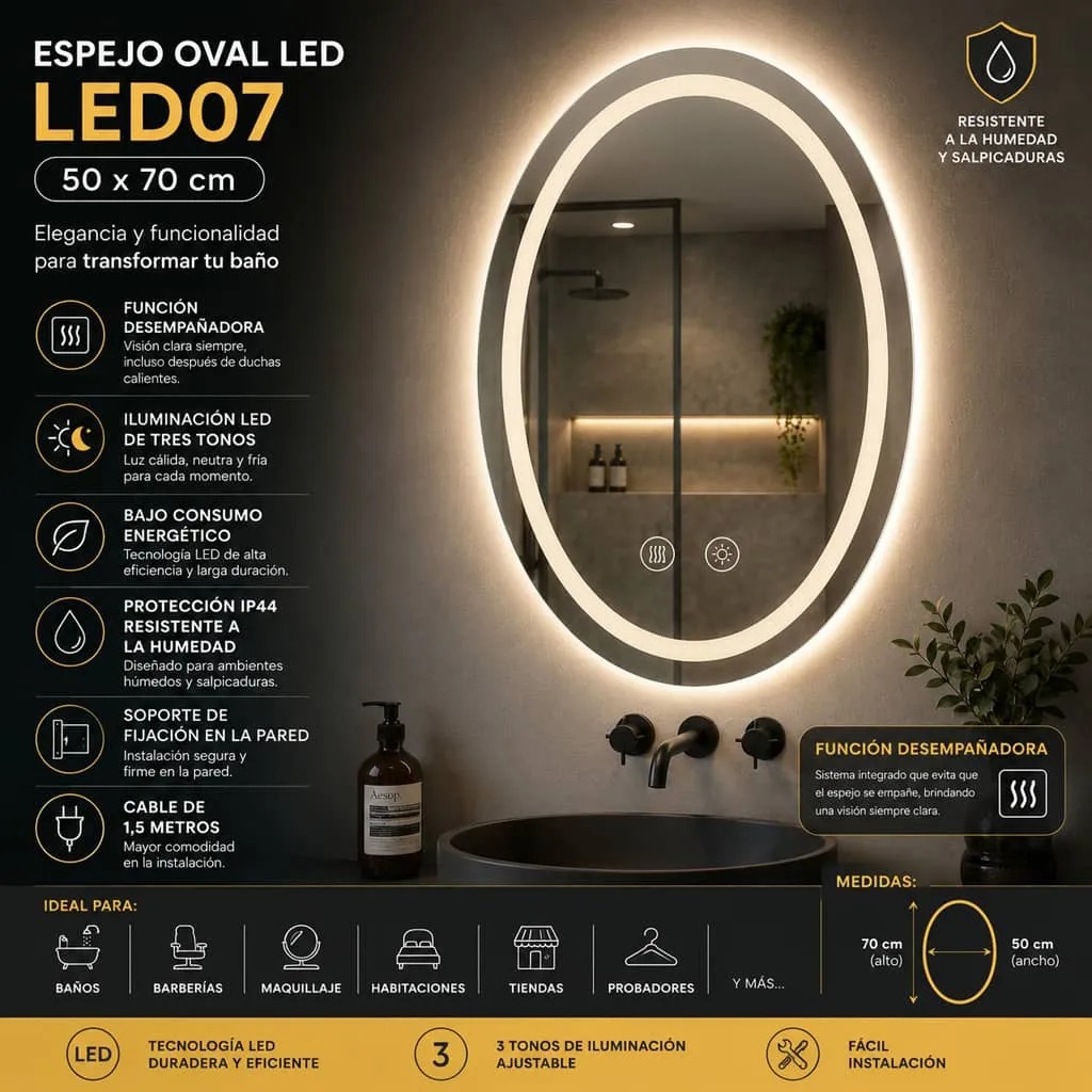 Copia - Espejo Rectangular Con Led Baño Led10 50 X 70 Cm Desempañador Copia - Espejo Rectangular Con Led Baño Led10 50 X 70 Cm Desempañador