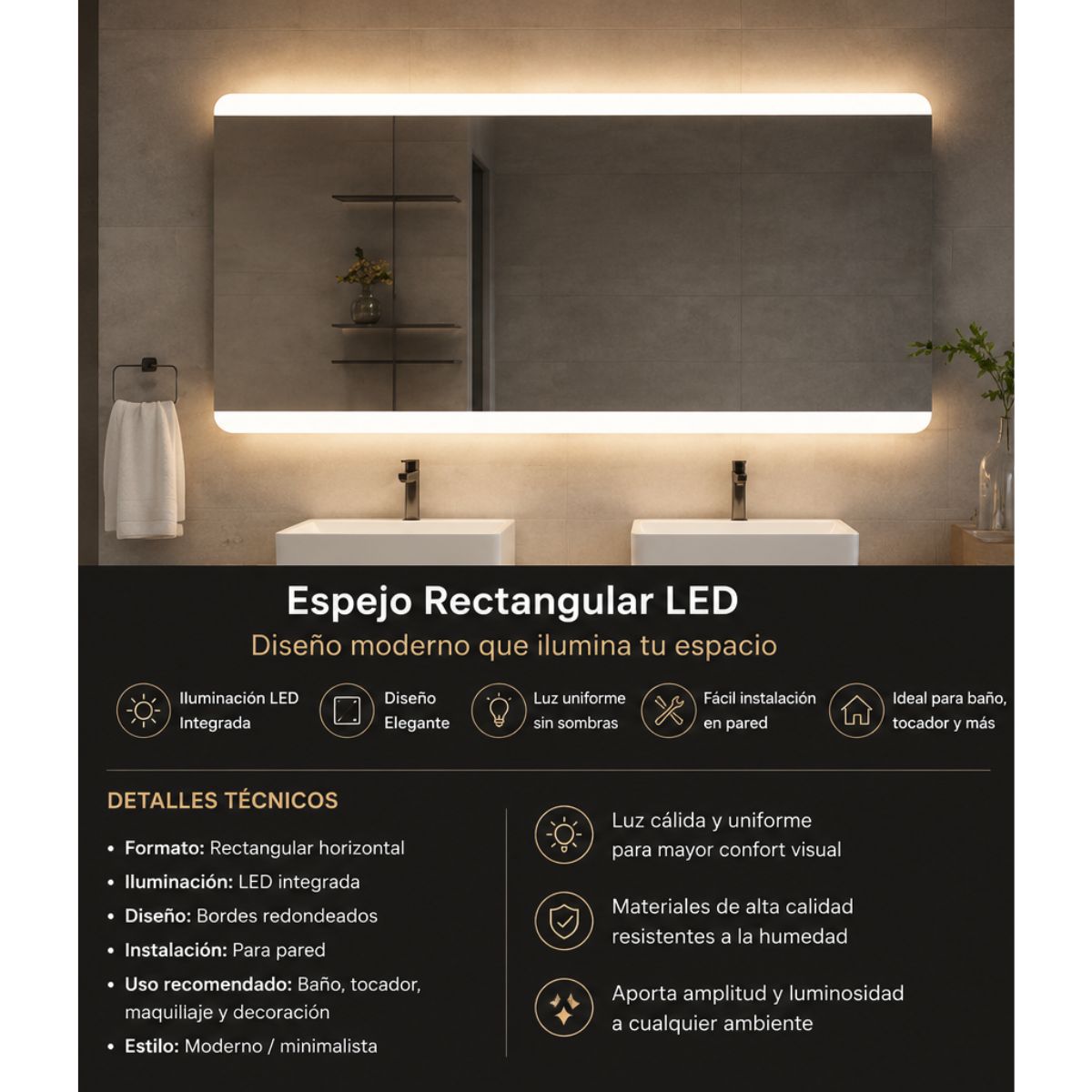 Copia - Espejo Rectangular Con Led Baño Led10 50 X 70 Cm Desempañador Copia - Espejo Rectangular Con Led Baño Led10 50 X 70 Cm Desempañador