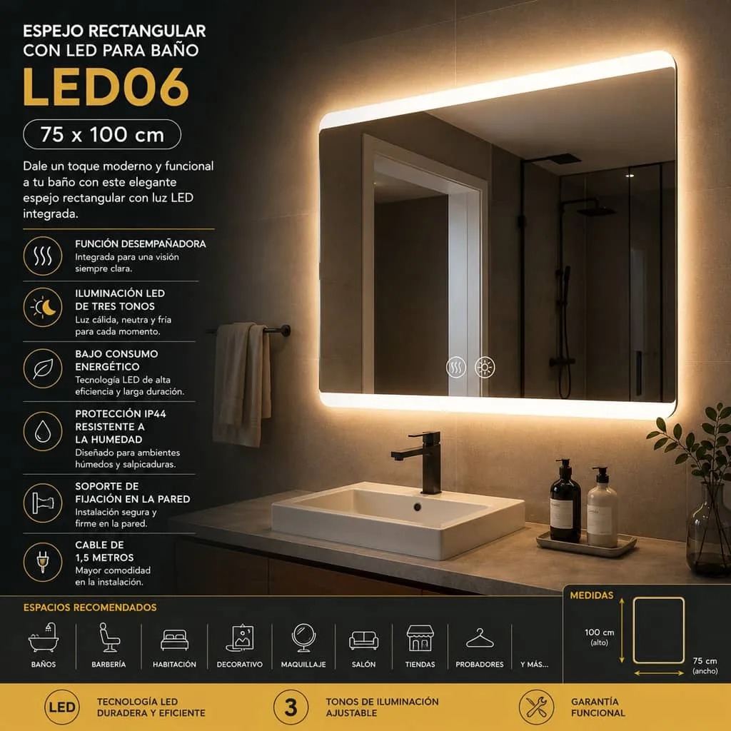 Copia - Espejo Rectangular Con Led Baño Led10 50 X 70 Cm Desempañador Copia - Espejo Rectangular Con Led Baño Led10 50 X 70 Cm Desempañador