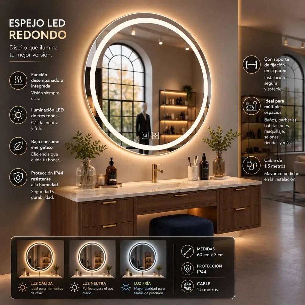 Copia - Espejo Redondo Con Luz Led Modelo Led01 60 Cm