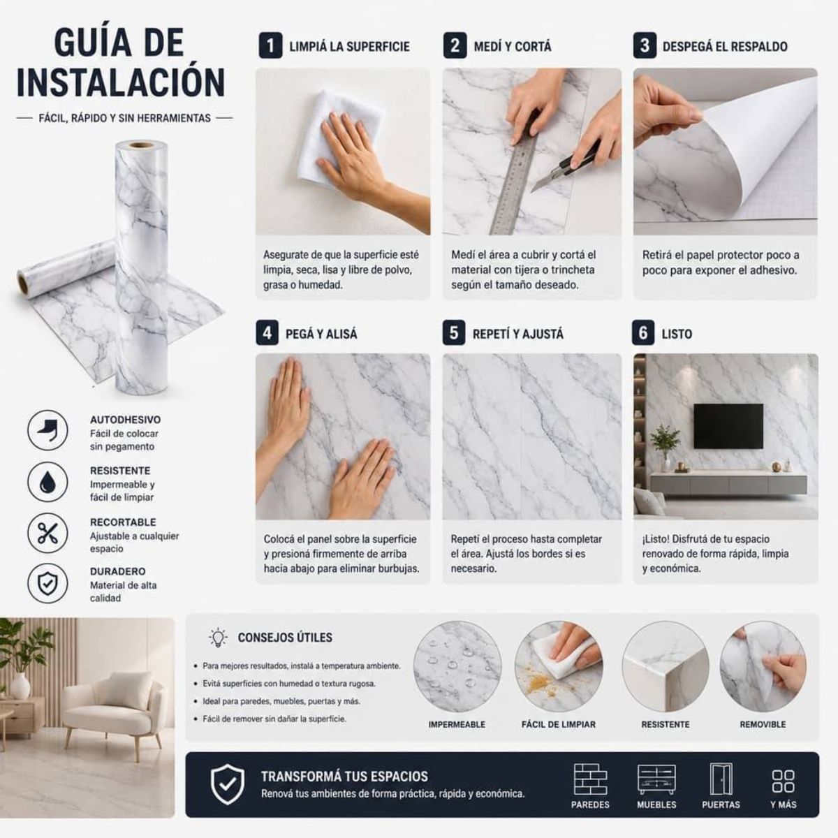 Copia - Placa Adhesiva Simil Marmol Blanco Rollo de 1.20 x 3 Metros BS-101 Copia - Placa Adhesiva Simil Marmol Blanco Rollo de 1.20 x 3 Metros BS-101