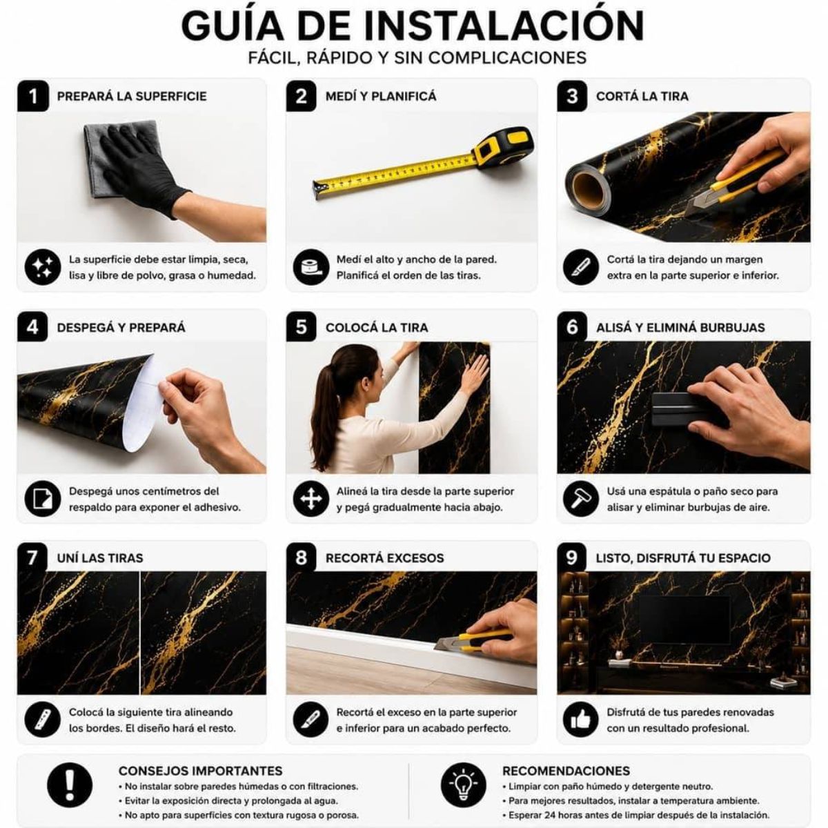 Copia - Placa Adhesiva Simil Marmol Negro/Dorado Rollo de 1.20 x 3 Metros BS-3796