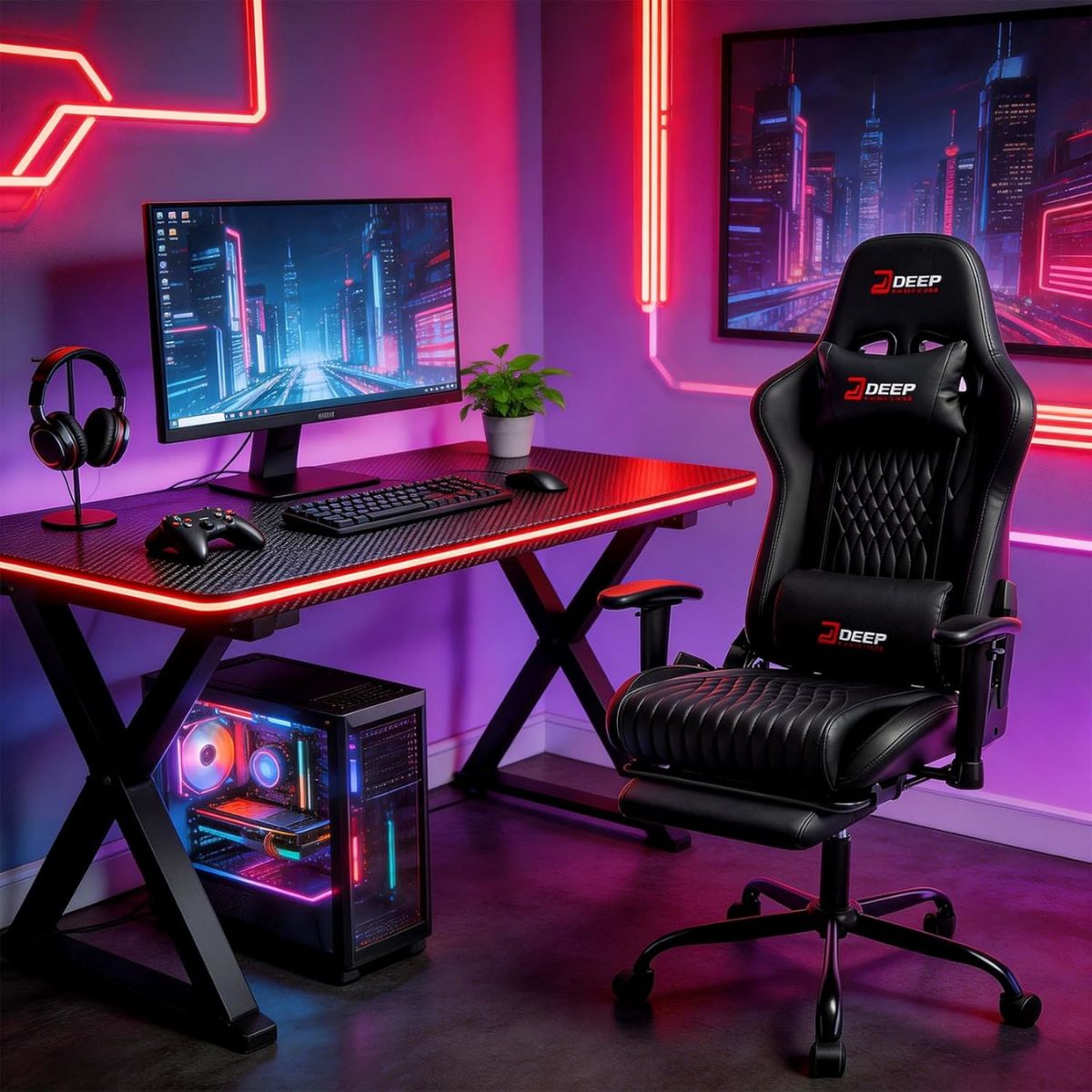 Copia - Silla Gamer Deep ergonomica con apoya pies cuero reforzado ROJA Copia - Silla Gamer Deep ergonomica con apoya pies cuero reforzado ROJA