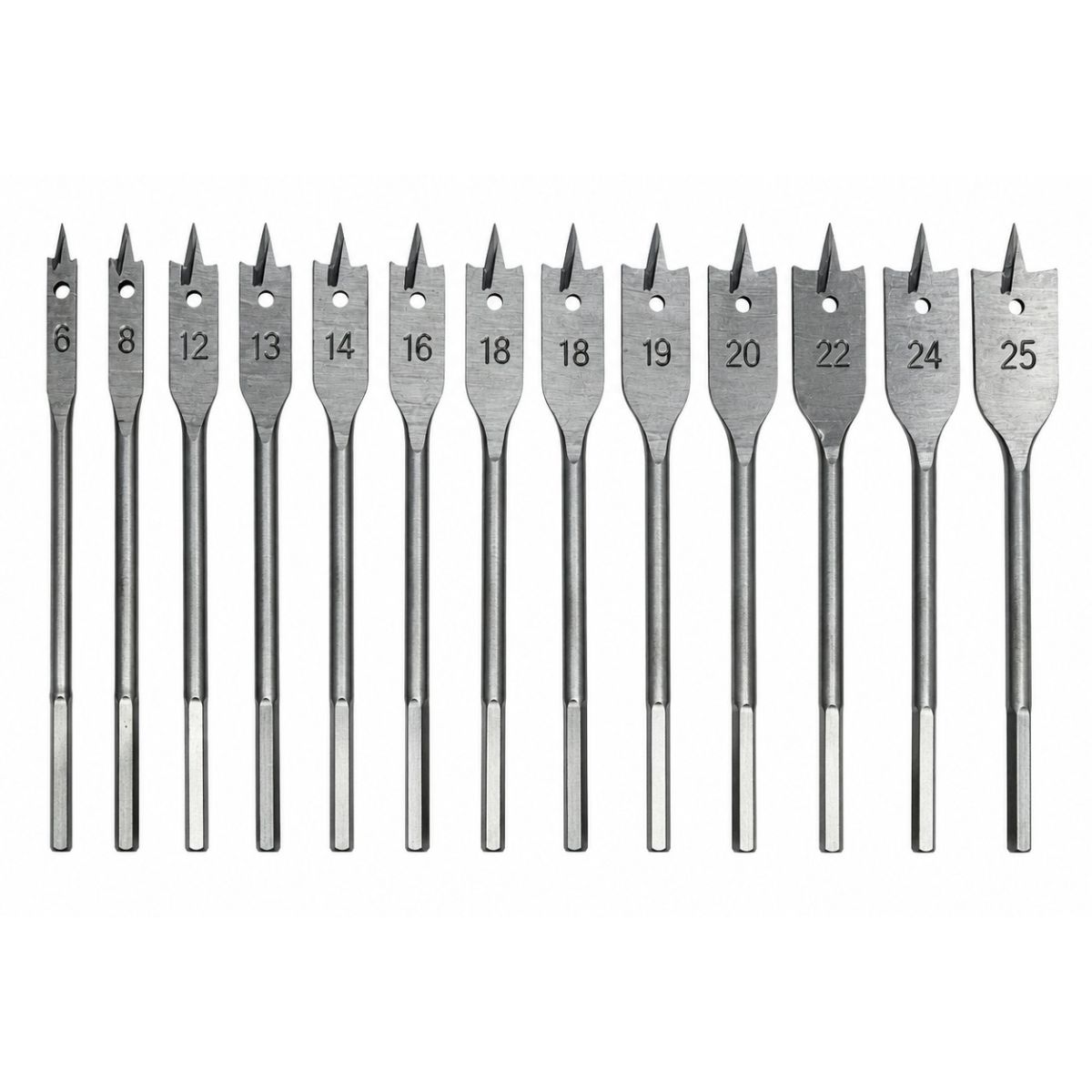 Set 12 Mechas Planas Para Madera, 6-28mm Industrial - Masaki Set 12 Mechas Planas Para Madera, 6-28mm Industrial - Masaki