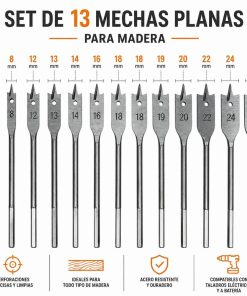 Set 12 Mechas Planas Para Madera, 6-28mm Industrial - Masaki