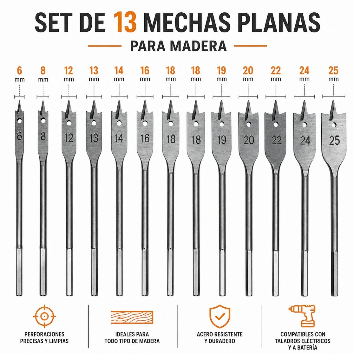 Set 12 Mechas Planas Para Madera, 6-28mm Industrial - Masaki Set 12 Mechas Planas Para Madera, 6-28mm Industrial - Masaki