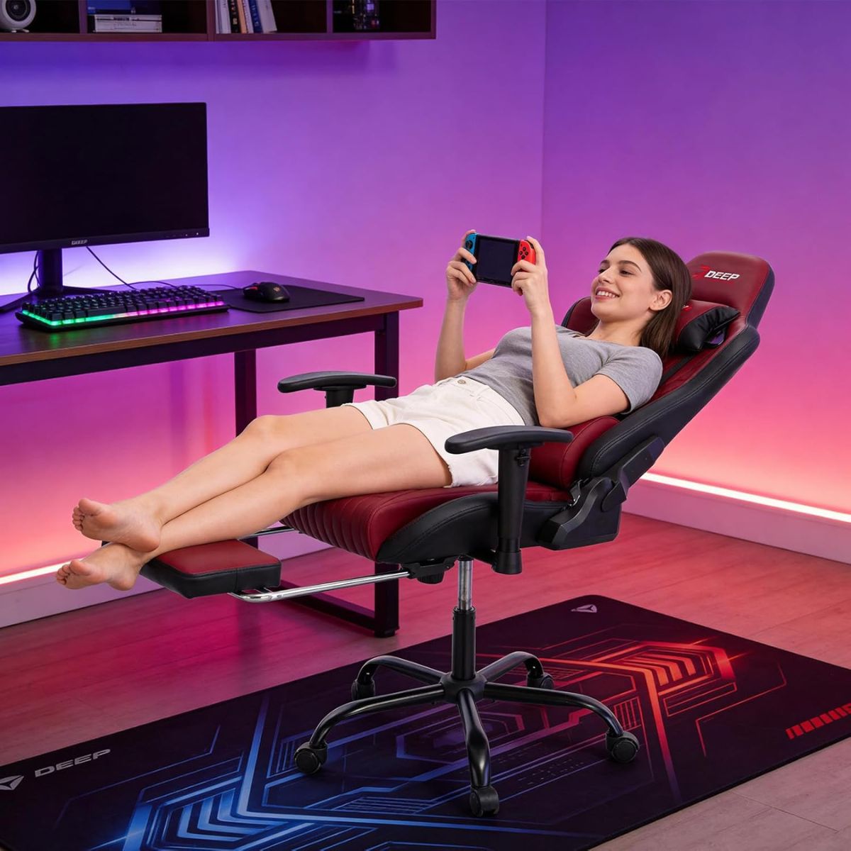 Silla Gamer Deep ergonomica apoya pies cuero sintetico ROJA Silla Gamer Deep ergonomica apoya pies cuero sintetico ROJA