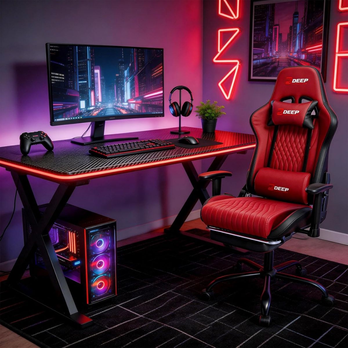 Silla Gamer Deep ergonomica apoya pies cuero sintetico ROJA Silla Gamer Deep ergonomica apoya pies cuero sintetico ROJA