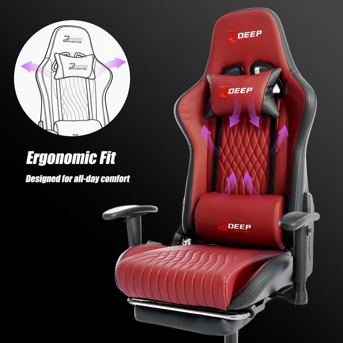 Silla Gamer Deep ergonomica apoya pies cuero sintetico ROJA Silla Gamer Deep ergonomica apoya pies cuero sintetico ROJA
