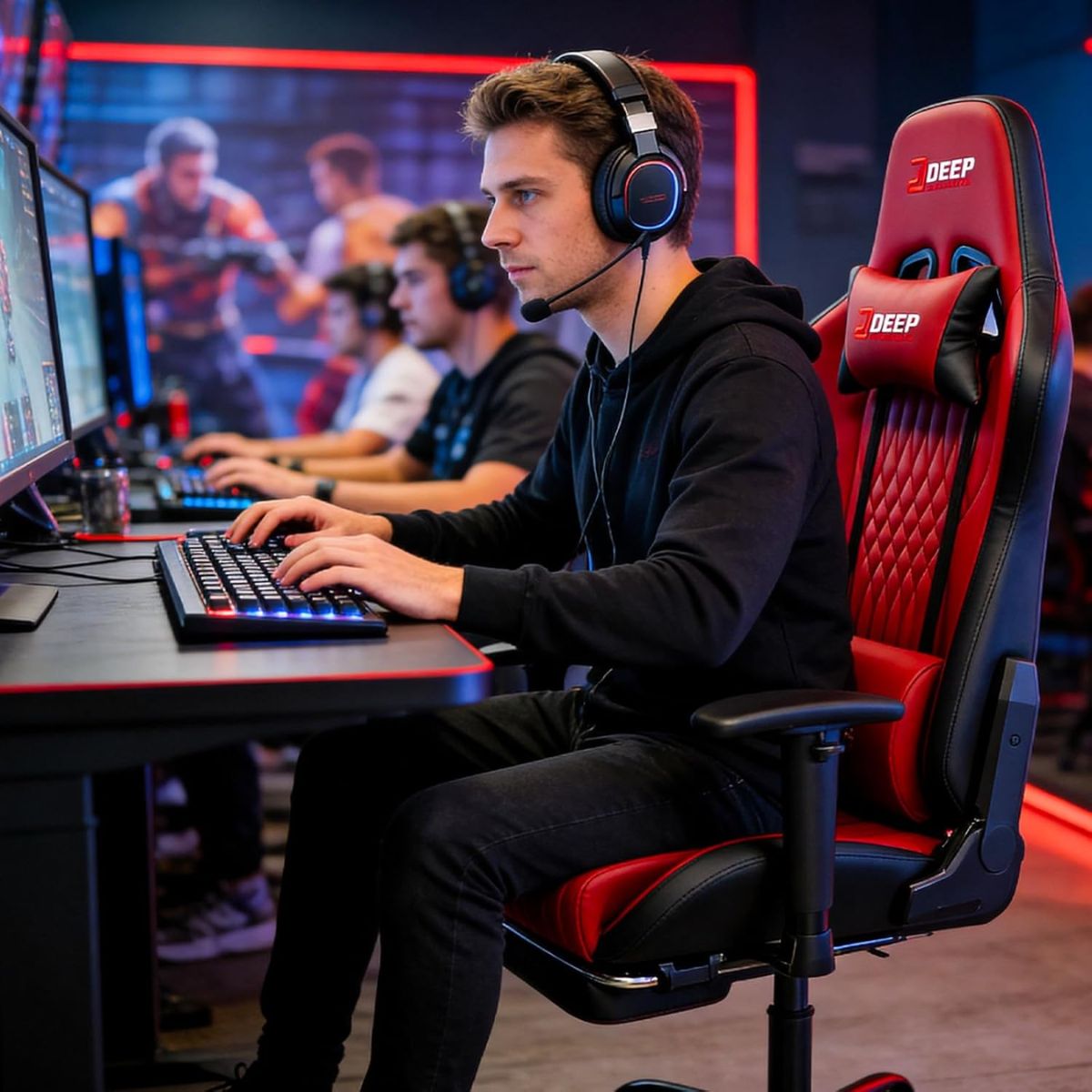 Silla Gamer Deep ergonomica apoya pies cuero sintetico ROJA Silla Gamer Deep ergonomica apoya pies cuero sintetico ROJA