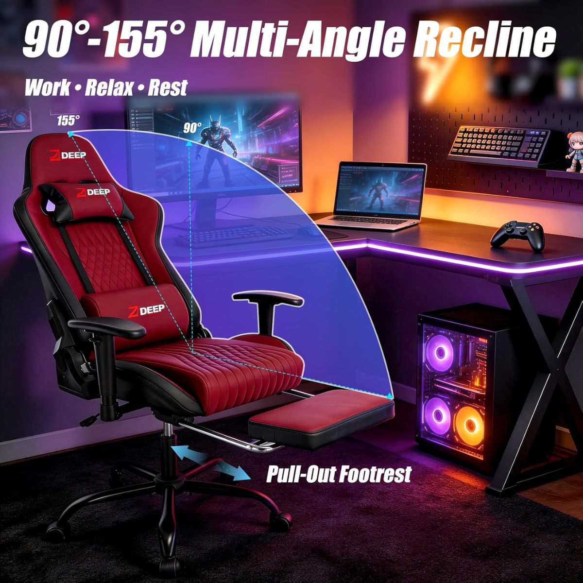 Silla Gamer Deep ergonomica apoya pies cuero sintetico ROJA Silla Gamer Deep ergonomica apoya pies cuero sintetico ROJA