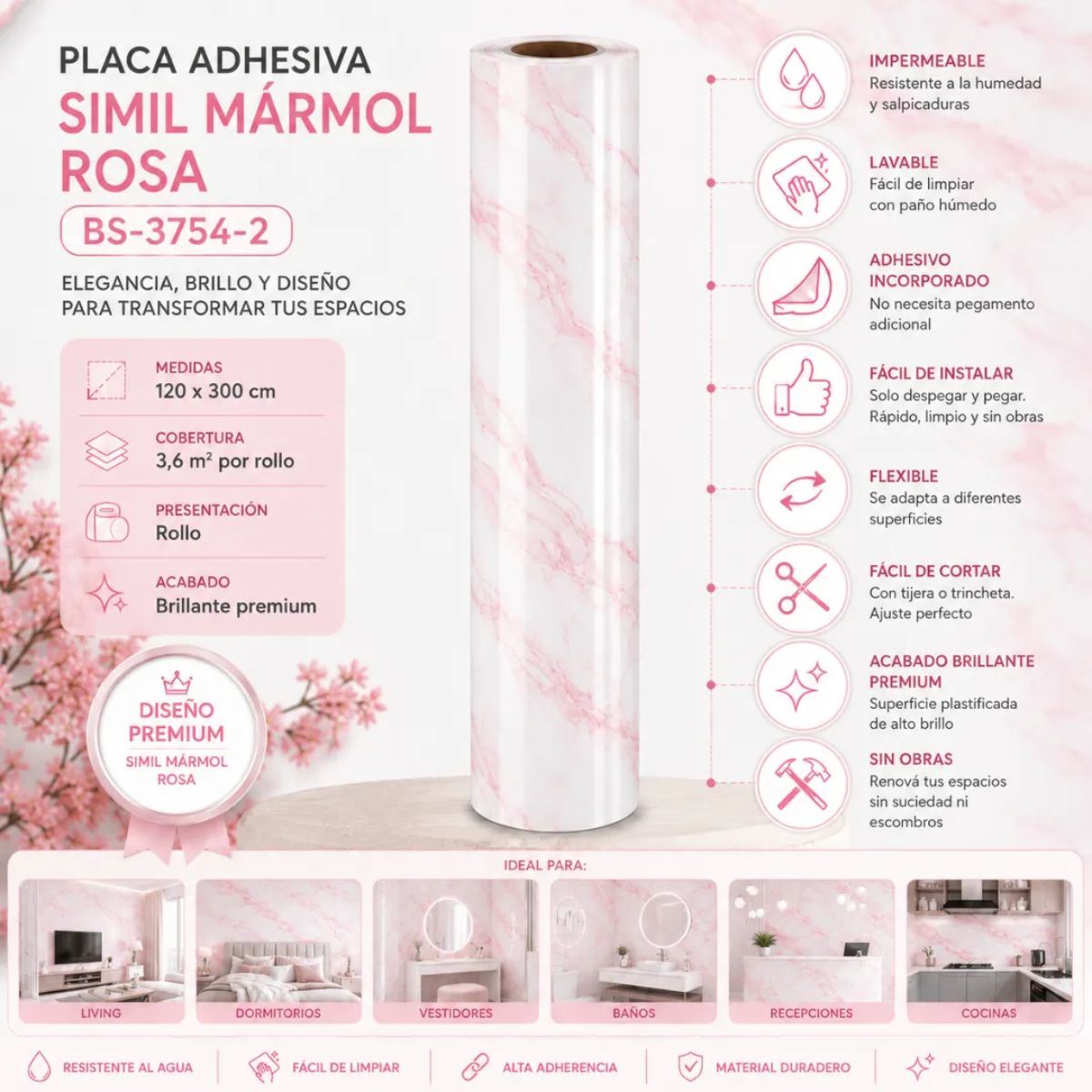 Copia - Placa Adhesiva Simil Marmol Blanco Rollo de 1.20 x 3 Metros BS-101