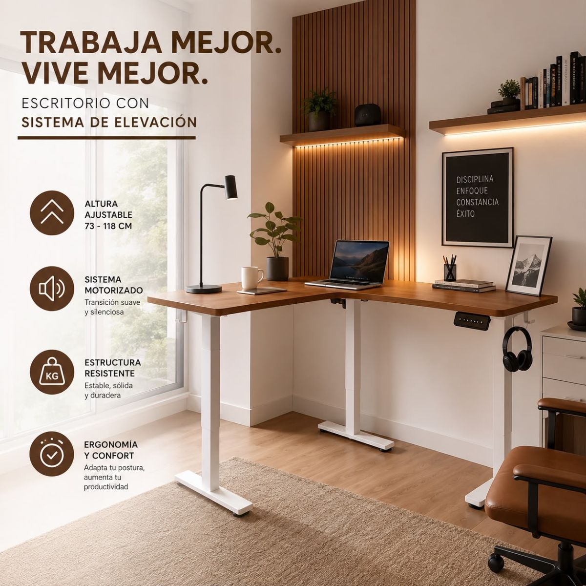 Escritorio Esquinero Eléctrico Regulable con Panel Marron Escritorio Esquinero Eléctrico Regulable con Panel Marron