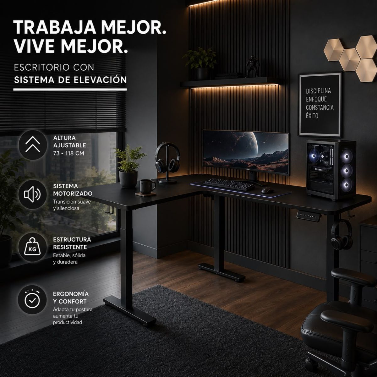 Escritorio Esquinero Eléctrico Regulable con Panel Negro Escritorio Esquinero Eléctrico Regulable con Panel Negro