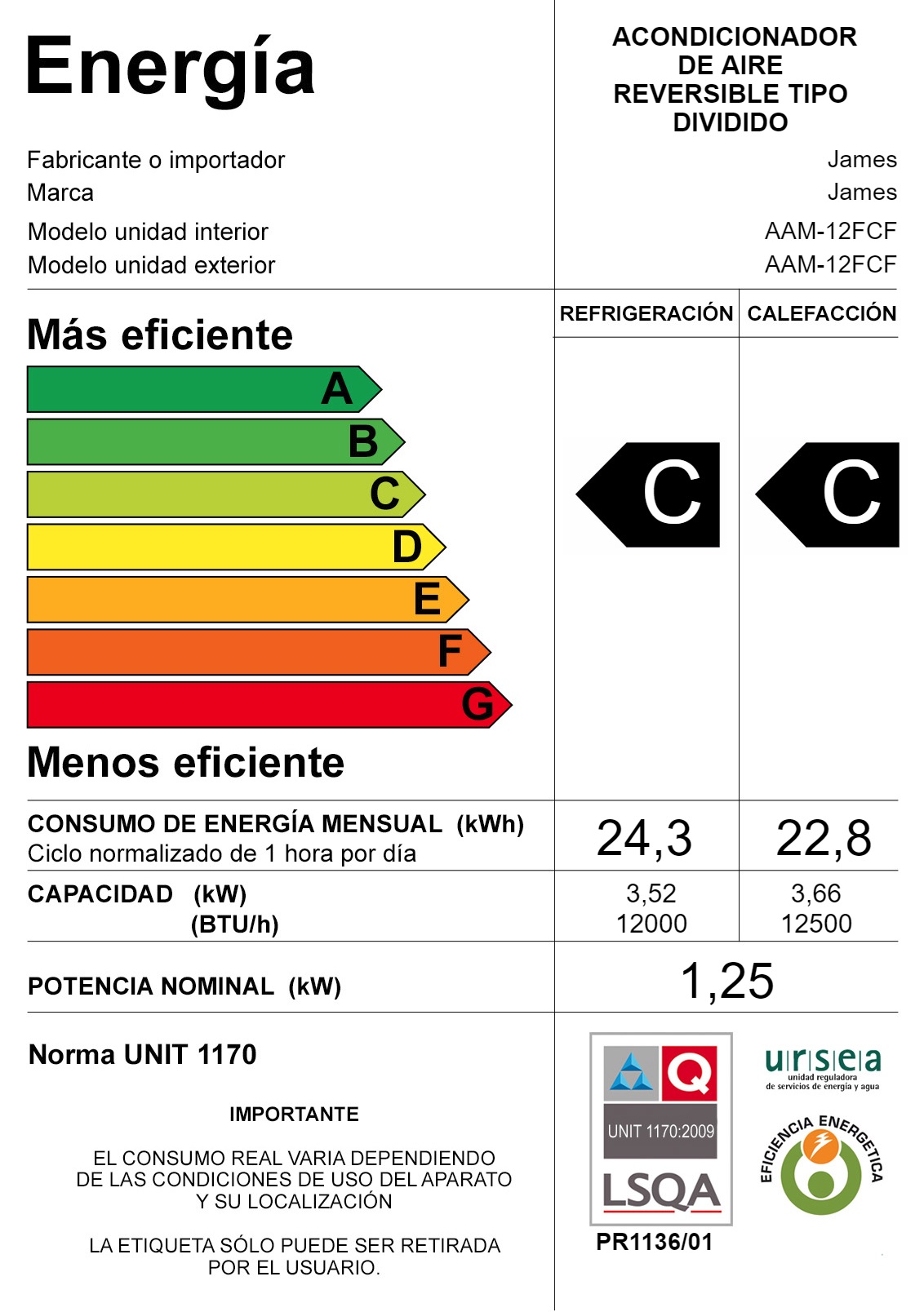 Aire Acondicionado James AAM-12 FCF 12000 Btu Clase C Aire Acondicionado James AAM-12 FCF 12000 Btu Clase C