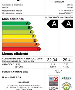 Aire Acondicionado James INVERTER 18000 Btu Clase A Con WIFI