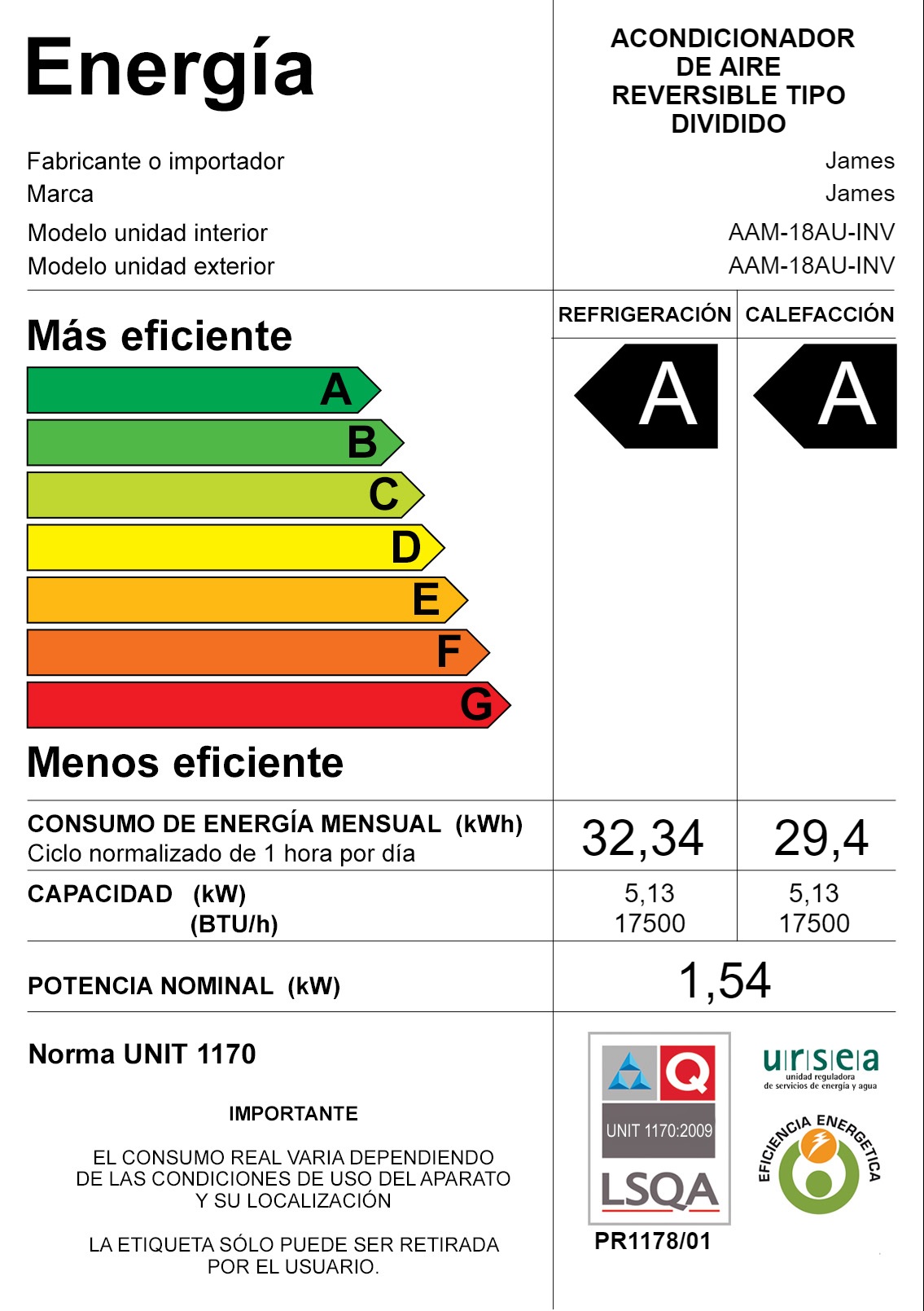 Aire Acondicionado James INVERTER 18000 Btu Clase A Con WIFI Aire Acondicionado James INVERTER 18000 Btu Clase A Con WIFI