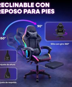Copia - Silla Gamer HTI Ergonómica Luces RGB Apoyapíes y Parlantes Negra