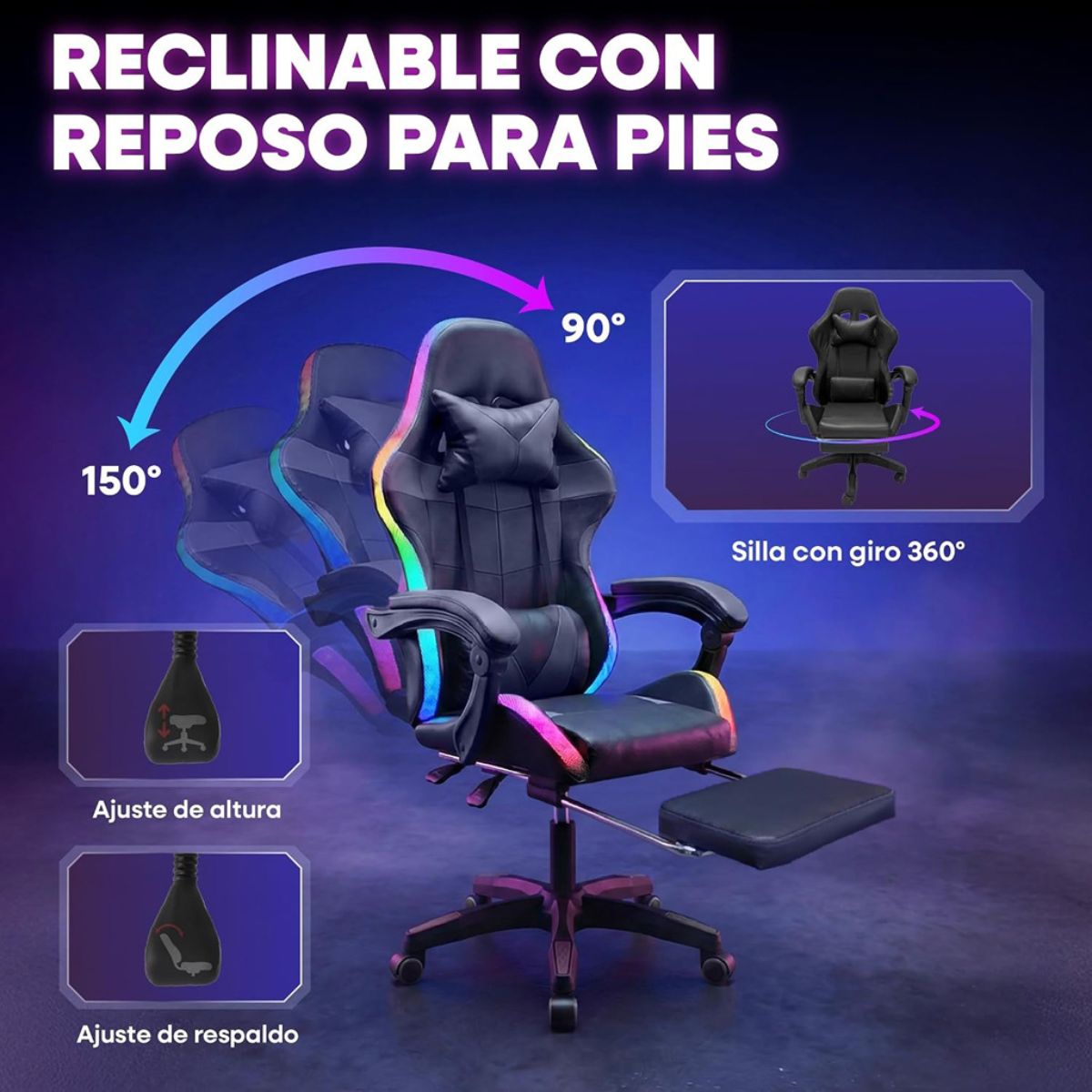 Copia - Silla Gamer HTI Ergonómica Luces RGB Apoyapíes y Parlantes Negra