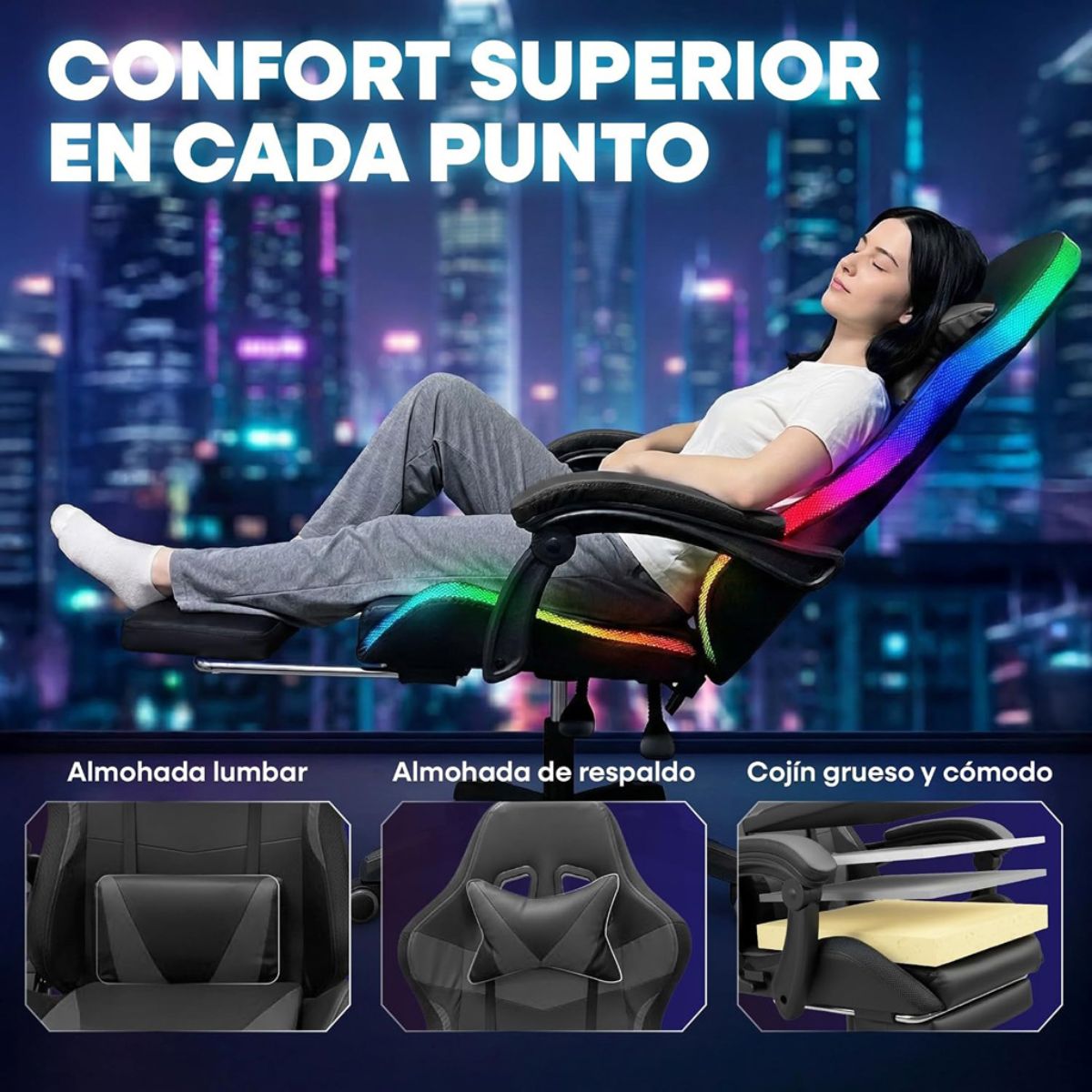 Copia - Silla Gamer HTI Ergonómica Luces RGB Apoyapíes y Parlantes Negra
