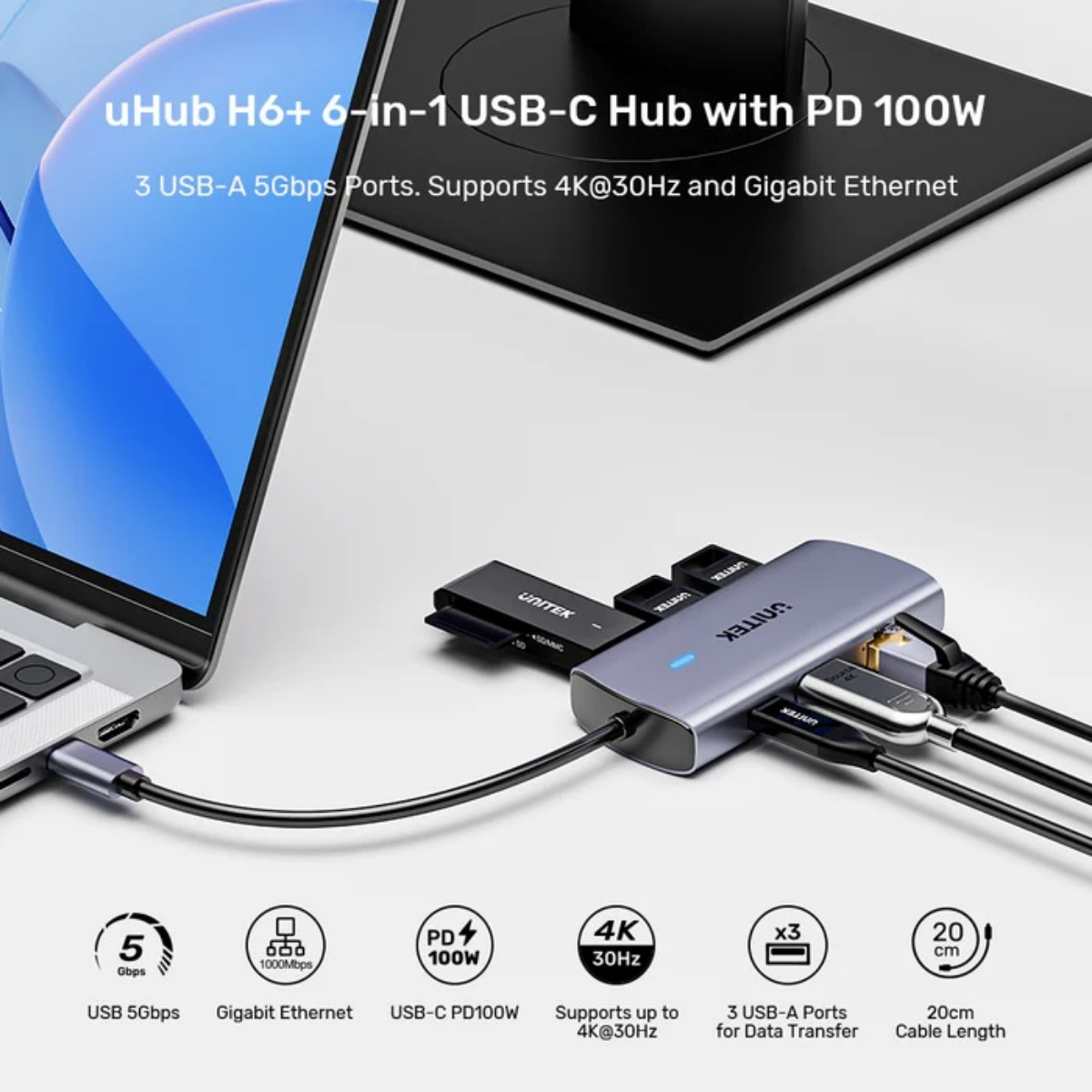 HUB USB-C Unitek 6 en 1 PD 100W HUB USB-C Unitek 6 en 1 PD 100W