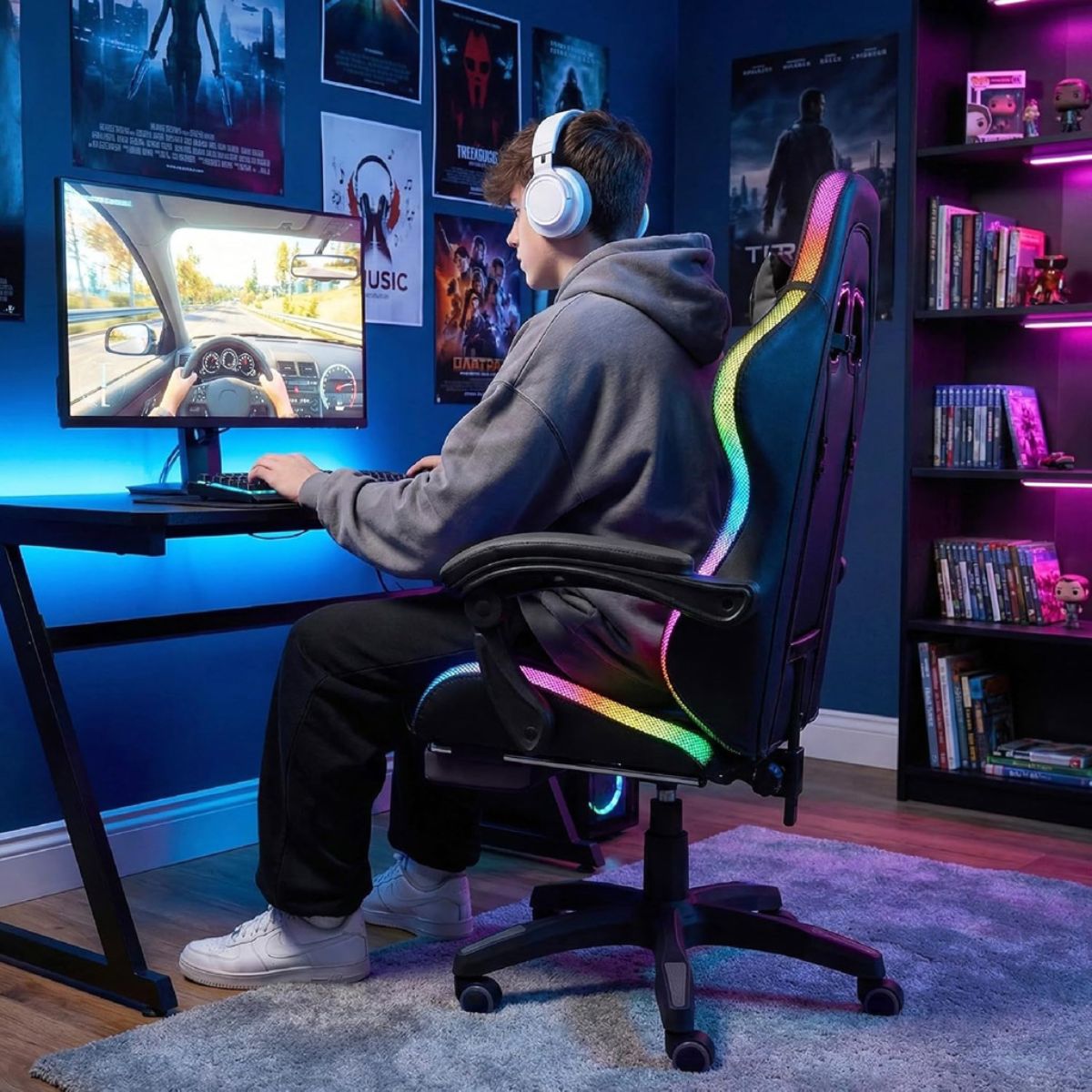 Silla Gamer HTI Ergonómica Luces RGB Apoyapíes Parlantes Neg Silla Gamer HTI Ergonómica Luces RGB Apoyapíes Parlantes Neg