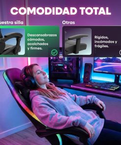 Silla Gamer HTI Ergonómica Luces RGB Apoyapíes Parlantes Neg