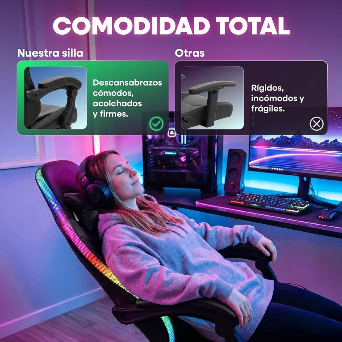 Silla Gamer HTI Ergonómica Luces RGB Apoyapíes Parlantes Neg Silla Gamer HTI Ergonómica Luces RGB Apoyapíes Parlantes Neg