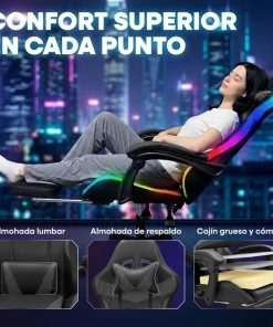 Silla Gamer HTI Ergonómica Luces RGB Apoyapíes Parlantes Neg