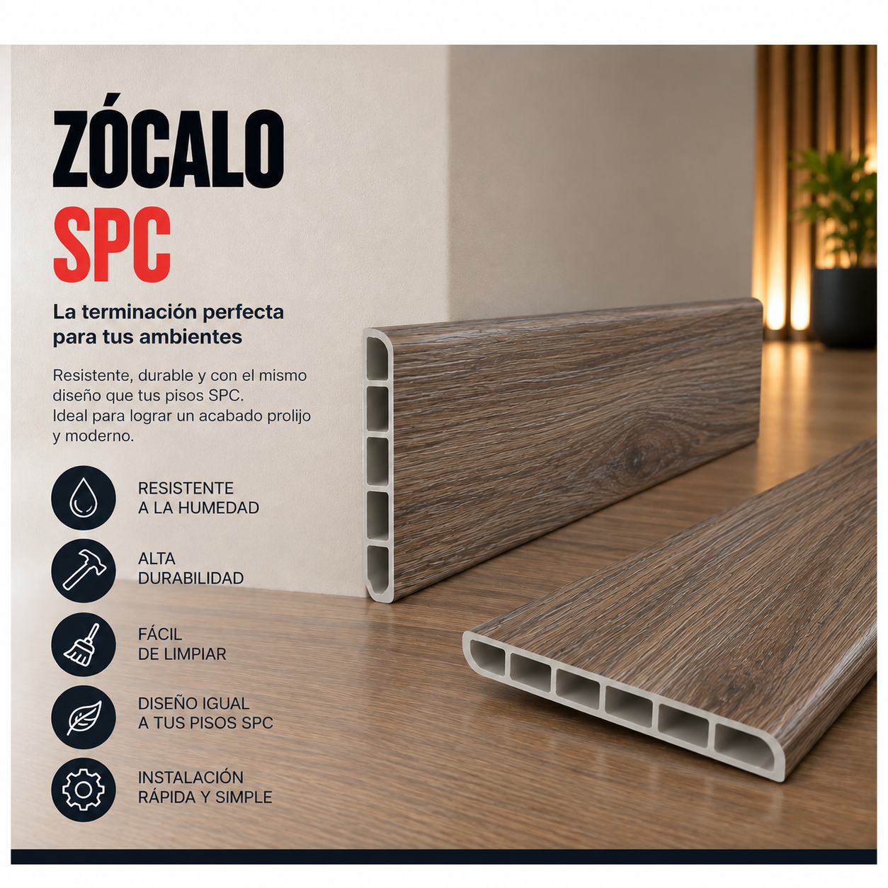 Zócalo SPC 05005 Símil Madera Blanco 2,40m Resistente al Agu